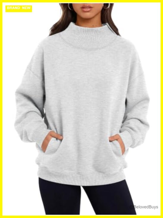 Other - Mock Neck Oversized Sweatshirt with Pockets Cotton Polyester Fleece Pullover